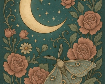 Utskrivbar väggkonst med måne och mal – mystiska himmelska blommor, digital nedladdning i jugendstil