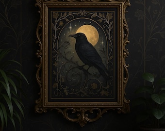 Utskrivbar väggkonst i jugendstil med kråka – Mystisk måne och vinrankaillustration | Digital nedladdning av Dark Cottagecore | Gotisk natur