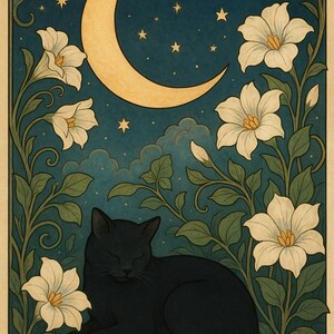 Konsttryck med månkatt – Mystisk svart katt under halvmåne – Digital nedladdning av blommigt motiv i jugendstil bild 2