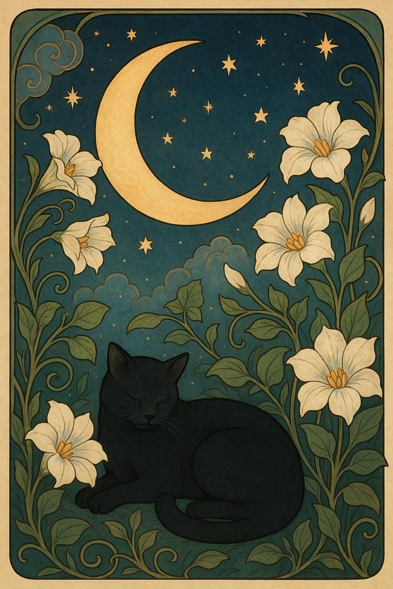 Konsttryck med månkatt – Mystisk svart katt under halvmåne – Digital nedladdning av blommigt motiv i jugendstil bild 2