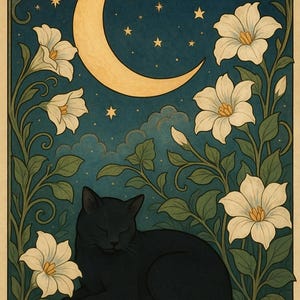 Konsttryck med månkatt – Mystisk svart katt under halvmåne – Digital nedladdning av blommigt motiv i jugendstil bild 3