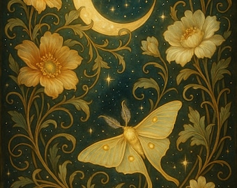 Himmelskt blomtryck | Digital nedladdning av måne och mal | Art Nouveau-stil | Väggkonst med kosmisk natur | Utskrivbar dekoration med myt och musa