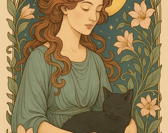 Goddess and Black Cat Art Print – Art Nouveau Moon Wall Art – Mystical Feminine Digital Download