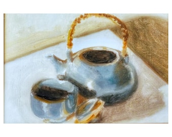 Blue teapot still life original oil painting 18.5x13cm