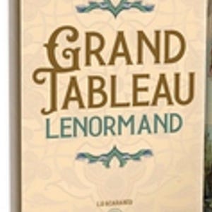 May include: A rectangular deck box for a card game with a cream-colored background featuring a subtle, repeating floral pattern. The text GRAND TABLEAU is printed in large brown letters above the word LENORMAND in smaller teal letters.