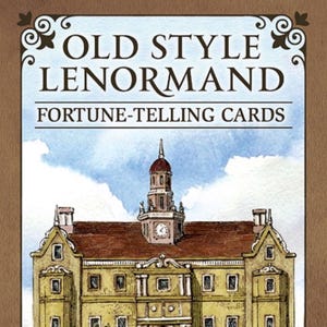 May include: A deck of Old Style Lenormand fortune-telling cards featuring a brown border and a watercolor illustration of a large building with a central clock tower against a blue sky with white clouds. The text reads Old Style Lenormand.