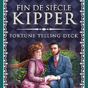 May include: A Fin de Siècle Kipper fortune telling deck box featuring a dark blue and purple diamond pattern background. The text reads Fin de Siècle Kipper Fortune Telling Deck. An illustration shows two people sitting on a black metal bench.