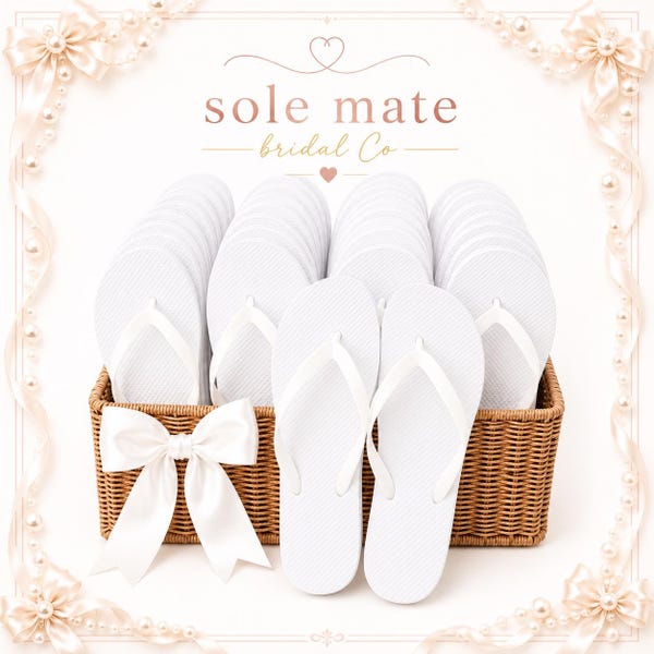 Wedding Guest Flip Flops |  Bulk | White Bridal Party Favours | Individually clear Bagged Flip Flops | 10–60 Pairs | Sizes 3–8 | S M L |