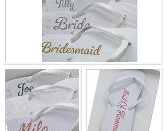 Personalised wedding party flip flops | bridesmaids boxes | special birthday | glitter decal | bride | maid of honour | dancing feet |