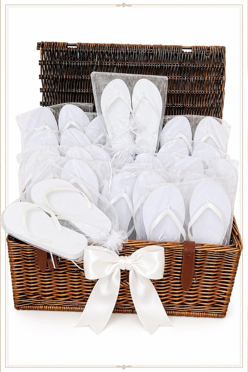 May include: A large brown woven wicker basket filled with multiple pairs of white flip-flops, each individually packaged in clear plastic bags. The basket features a hinged lid and is decorated with a large, white satin ribbon bow on the front.