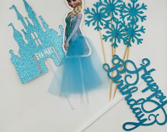 Huge Elsa personalised cake topper set | Disney themed | sparkly princess castle | 5 snowflakes | 21cm tall Frozen party decorations