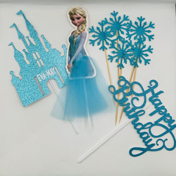 Huge Elsa personalised cake topper set | Disney themed | sparkly princess castle | 5 snowflakes | 21cm tall Frozen party decorations
