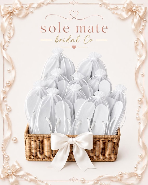 White Wedding Guest Flip Flops | Bridal Party Favours | Bulk 10–60 Pairs | Individually Bagged in White Organza Bags | Dancing Feet | S M L