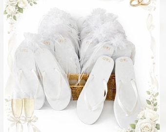 Personalised Wedding Flip Flops for Guests | Bridal Party Favours | White Flip Flops in Organza Bags | Bulk Packs 10–60 Pairs
