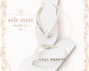 Personalised Bridal Flip Flops | Faux Pearl Wedding Sandals for Brides | Hand beaded | Beach wedding |
