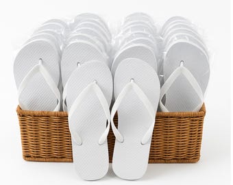10 20 30 40 50 or 60 pairs of White Wedding Flip Flops for Guests | Individually Bagged|  Party Shoes | Dancing feet | S M L | 3/4 5/6 7/8 |