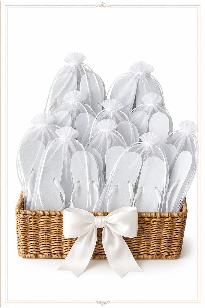 May include: A rectangular woven wicker basket containing multiple pairs of white flip-flops, each individually packaged in a sheer white organza drawstring bag. The basket is decorated with a large, centred white satin ribbon bow on the front.