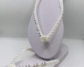 Faux pearl personalised bride bridal white flip flops | honeymoon | wedding day night | breakfast | beach | sandals | wifey | Mrs | to be |