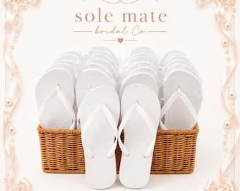 White Wedding Guest Flip Flops | Elegant Bridal Party Favours | Individually clear Bagged | Bulk Packs 10–60 Pairs | S M L | Dancing feet |