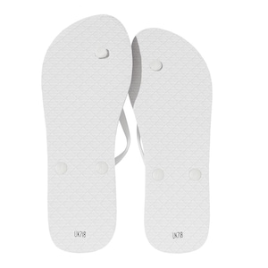 May include: A pair of white flip-flops featuring a textured diamond pattern on the footbed, a thong-style strap, and the text UK7/8 printed in black near the heel area of each sandal, indicating the size on the sole of the footwear.