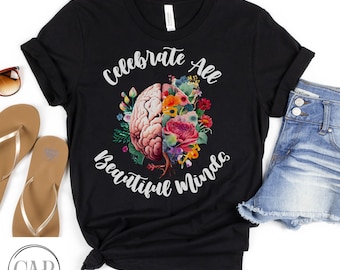 Celebrate Beautiful Minds, Autism T-Shirt, ADHD Mom, Autism Awareness Shirt, Gift For ABA Therapist, Neurodiverse, Mental Health Matters