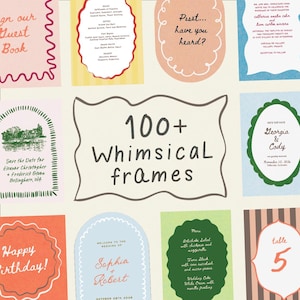 Könnte beinhalten: Eine Sammlung skurriler Rahmen in verschiedenen Formen und Farben mit Textelementen. Das Bild zeigt Rahmen mit Text wie "100+ Whimsical frames", "Happy Birthday!" und Hochzeitsdetails. Die Rahmen sind in Rosa-, Grün- und Blautönen gehalten.