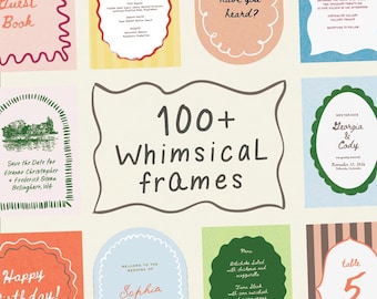 May include: A collection of whimsical frames in various shapes and colors, with text elements. The image features frames with text such as "100+ Whimsical frames", "Happy Birthday!", and wedding details. The frames are in shades of pink, green, and blue.