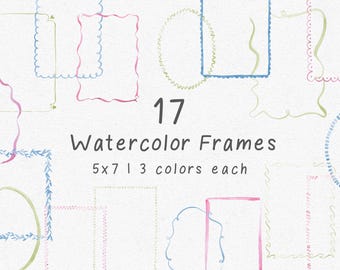 May include: A collection of 17 watercolor frames in various shapes and styles, each with three color options. The frames are displayed on a textured white background. Text reads "17 Watercolor Frames 5x7 | 3 colors each."