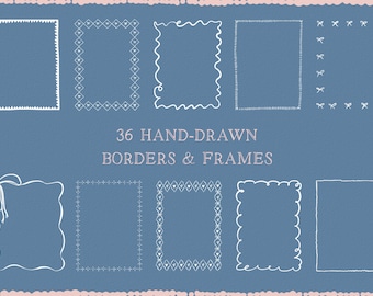 May include: A set of 36 hand-drawn borders and frames in white on a blue background. The frames are various shapes and sizes, including square, rectangle, and oval.
