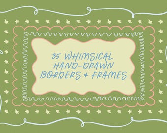 May include: A green background with a layered border design in blue, pink, and white. The border is decorated with small white stars. The text "35 WHIMSICAL HAND-DRAWN BORDERS + FRAMES" is written in blue.