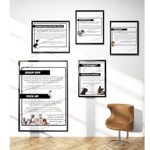 May include: Four black framed signs with white text and images of dogs. The signs are titled "Cancellation & No Show Policy", "Drop Off", "Pick Up", and "How Often Should My Pet Be Groomed?" The signs are hanging on a wall with a brown chair in front of them.