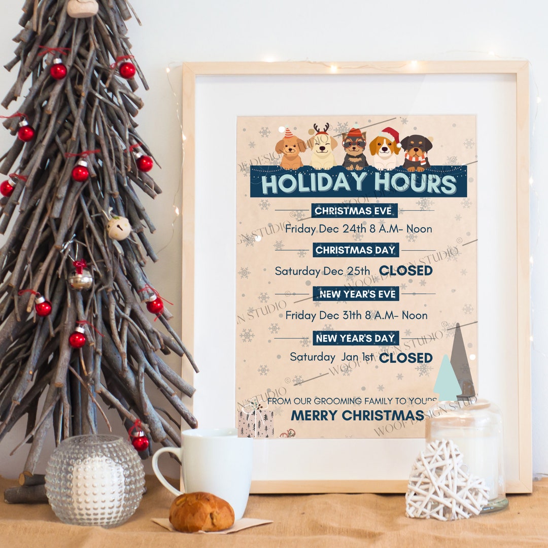 Holiday Hours for Dog Grooming Salon Front Door Sign Instant Print Sign