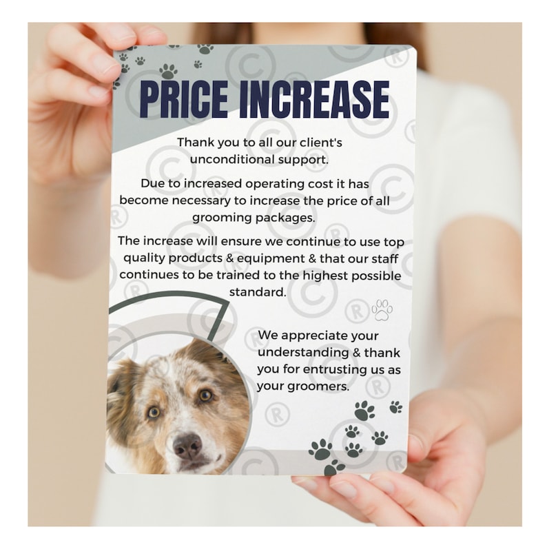 Dog Grooming Price Increase Notice. Social Media Notice for Etsy