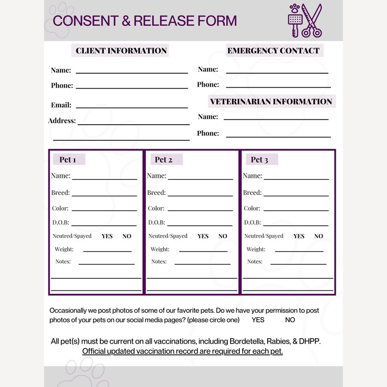 Dog Grooming Consent and Release Form Printable Consent and Etsy