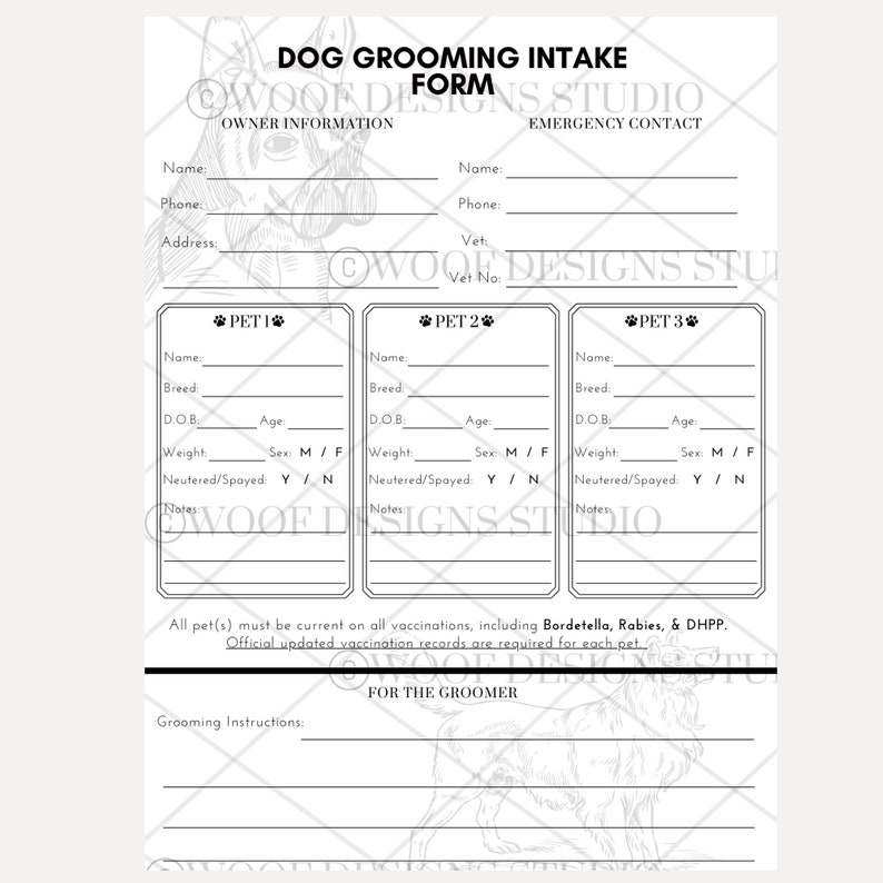 Minimalistic Dog Grooming Intake Form | Dog Grooming Forms | 8.5 by 11 ...