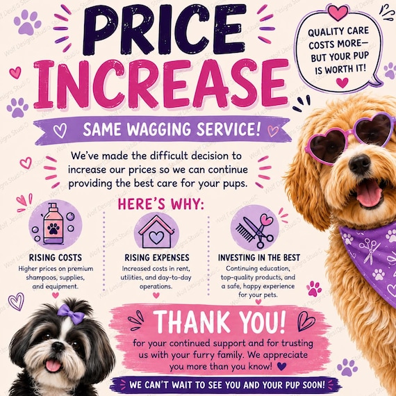 Dog Grooming Salon Price Increase Sign | Social Media & Printable Price  | Instagram Post | Grooming Business Digital Download