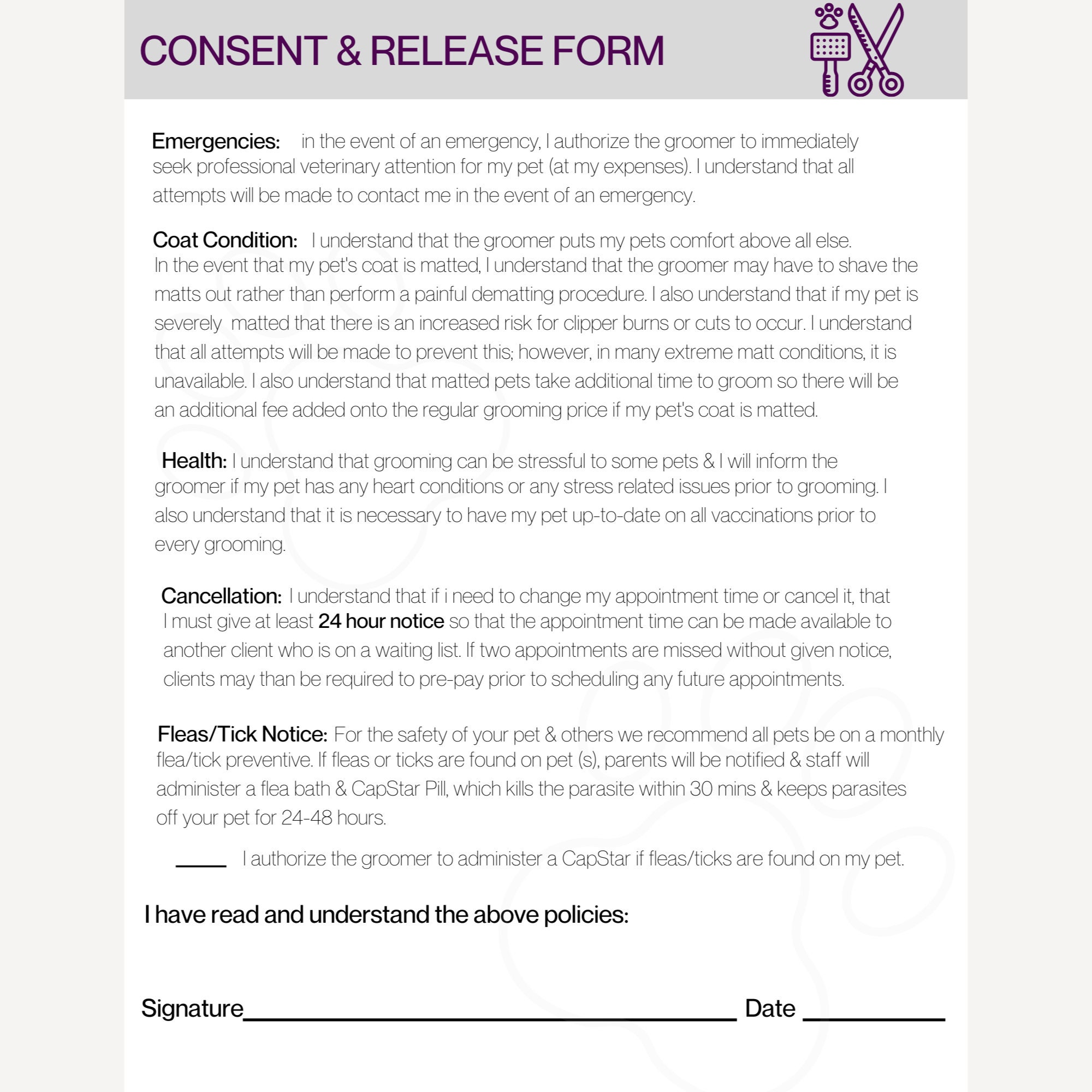 Dog Grooming Consent and Release Form | Printable Consent and Release ...