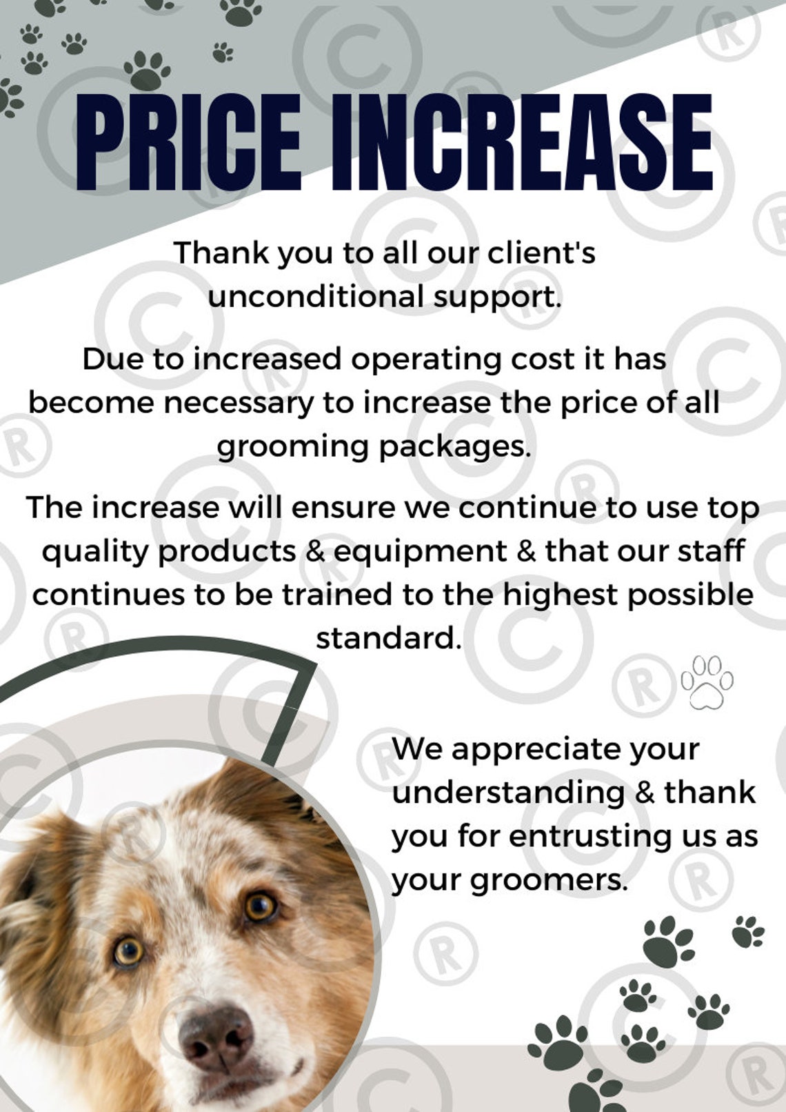Dog Grooming Price Increase Notice. Social Media Notice for Etsy