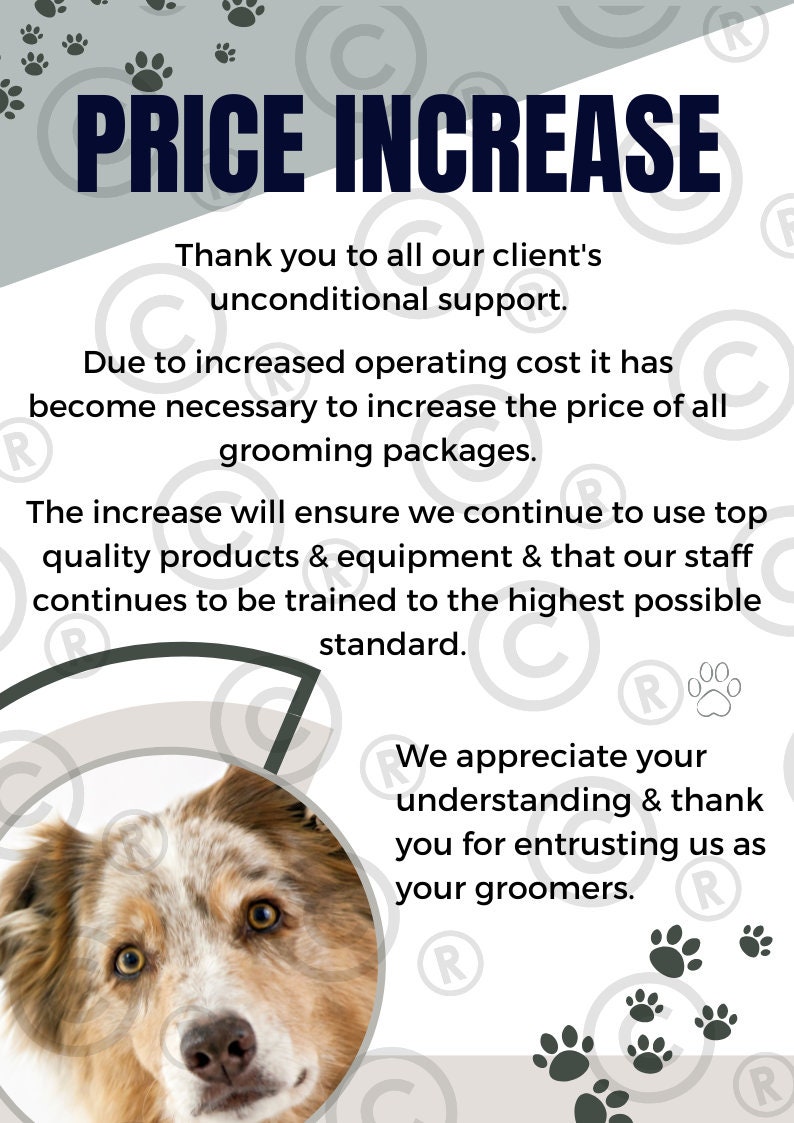 Dog Grooming Price Increase Notice. Social Media Notice for Etsy