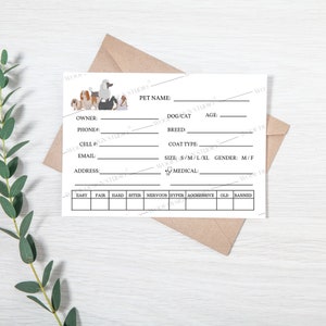 May include: A white card with a black border and a graphic of various dog breeds. The card has fields for pet name, owner, phone number, cell number, email, address, dog or cat, breed, coat type, size, gender, medical, easy, fair, hard, biter, nervous, hyper, aggressive, old, and banned.