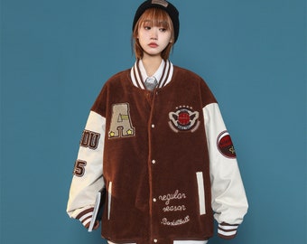 Women's Brown Varsity Baseball Jacket Relaxed Fit Patchwork Coat