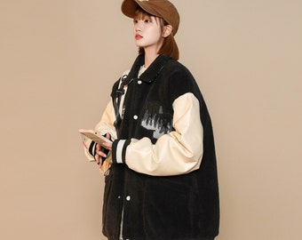 Women's Black Varsity Jacket Relaxed Fit Furry Fleece Coat