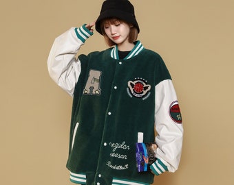Women's Green Varsity Baseball Jacket Relaxed Fit Patchwork Coat