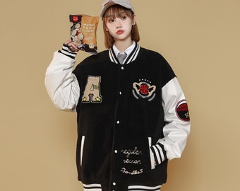 Women's Black Varsity Baseball Jacket Relaxed Fit Patchwork Coat