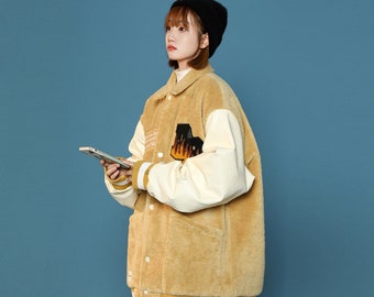 Women's Yellow Varsity Jacket Relaxed Fit Furry Fleece Coat