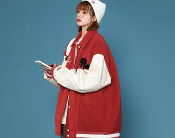 Women's Red Varsity Jacket Relaxed Fit Furry Fleece Coat