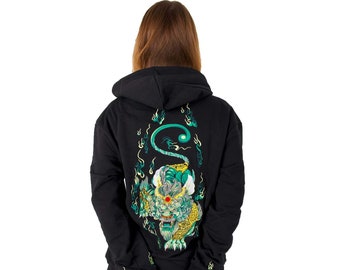 Women's Emerald Dragon Embroidery Black Hoodie
