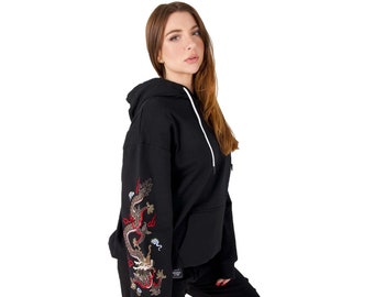 Sudadera con capucha y bordado de dragón para mujer