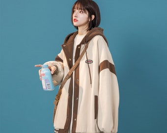 Women's Beige Jacket DNF Relaxed Fit Coat with Hoodie
