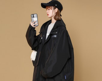 Women's Black Windbreaker Mini Reflector Oversized Jacket with Hoodie